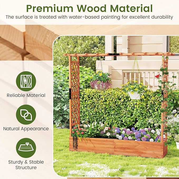 S AFSTAR 77-Inch Raised Garden Bed with Arch Trellis, Hanging Roof & Drainage Holes, Vertical Plant Container for Vine Climbing Plant Flower, Indoor Outdoor Wood Elevated Planter Box for Garden