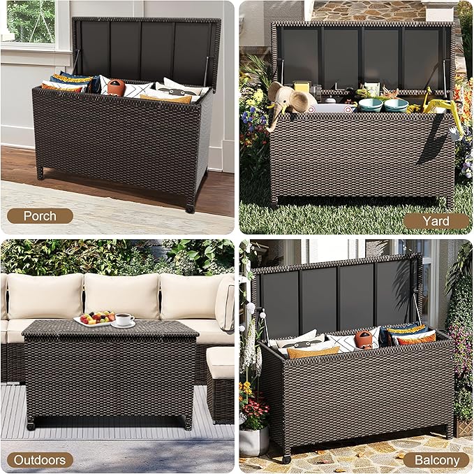 Wicker Deck Box, 125 Gallon All-Weather Outdoor Storage Box, Rattan Storage Bin for Patio Furniture, Outdoor Cushions, Pool Storage and Garden Tools, Brown