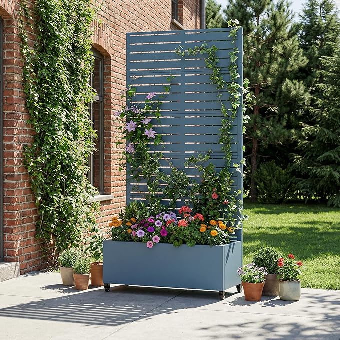 Casaphoria Metal Raised Garden Bed with Trellis and Wheels, 72"x35"x16" Planter Box for Climbing Plants, Vegetables & Vines, Features Drainage Holes and Privacy Screen, Blue-Louvered