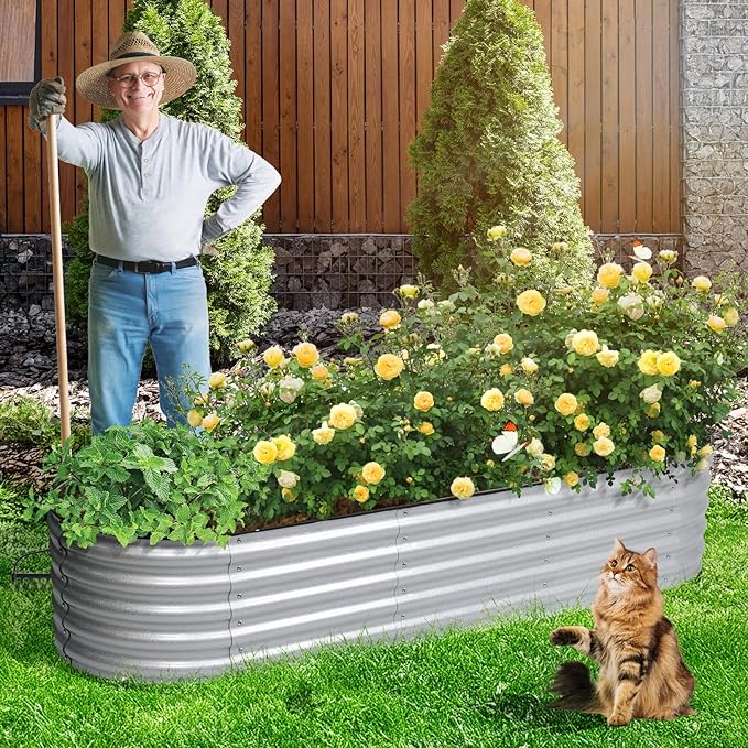 Aoodor 17" Tall Oval Galvanized Raised Garden Bed Kit, 6-in-1 Large Metal Outdoor Planter Box for Vegetables, Flowers, and Herbs, 7.5 x 2.3 x 1.5 Ft, Silver