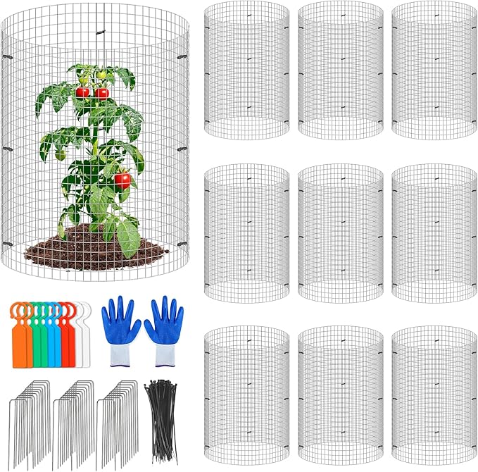 10 Set Garden Plant Protector Cage, 11.8''x11.8'' Metal Wire Protectors for Plants, Protection Cages with Stakes Nylon Ties, Animals Barrier to Keep Chicken Rabbit Away from Plants Flower Vegetables