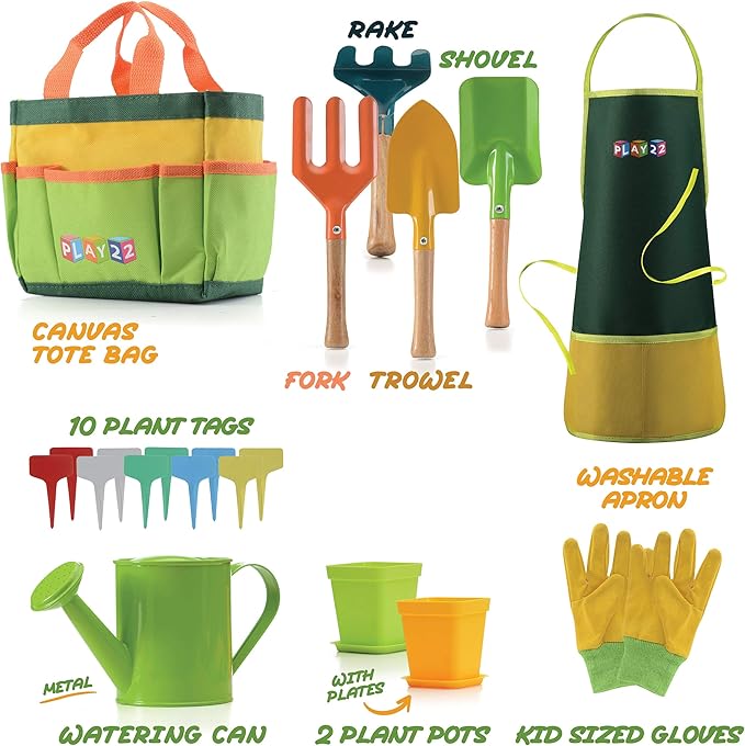 Play22 Kids Gardening Tool Set 12 PCS - Kids Gardening Tools Shovel Rake Fork Trowel Apron Gloves Watering Can and Tote Bag, Toddler Gardening Tools for Kids Best Outdoor Toys Gift for Boys and Girls