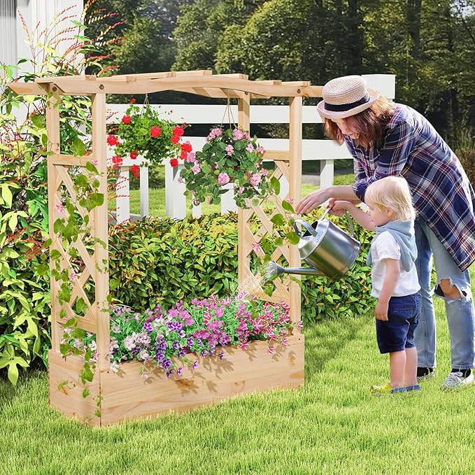 Giantex Raised Garden Bed with Trellis & Hanging Roof, Wooden Elevated Planter Box with Drainage Hole, Freestanding Gardening Planter Raised Bed for Flowers Herbs Climbing Plants Vines, 44”x14”x45”