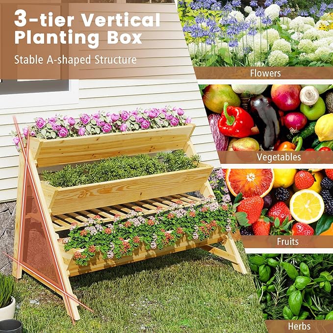 3-Tier Raised Garden Bed, Elevated Gardening Bed w/2 Side Hooks, Storage Shelf, Bed Liner, Garden Planter for Flowers, Vegetables, Herbs, Pine Wood Planter Box for Patio, Balcony, Porch
