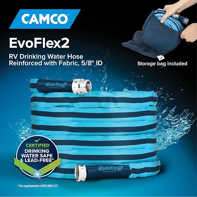 Camco EvoFlex2 50-ft Drinking Water Hose - RV Drinking Water Hose Reinforced with Fabric & Ultra Lightweight - Contains No Lead, No BPA & No Phthalate - Abrasion Resistant (22579)
