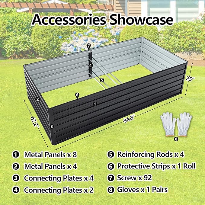 Galvanized Raised Garden Bed 8x4x2ft Outdoor Planter Box Galvanized Steel Garden Bed Kit for Vegetables, Flowers, Herbs and Succulents Black