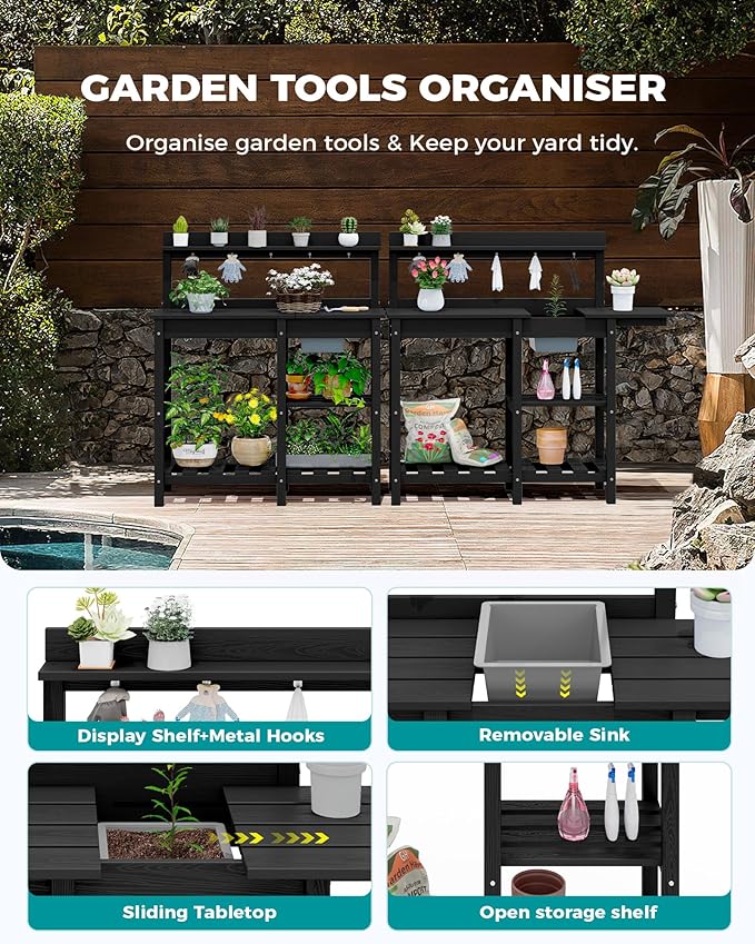 SERWALL Outdoor Potting Bench with Removeable Sink,Rot-Resistant HDPE Potting Table for Outside Gardening, All Weather Use - Black