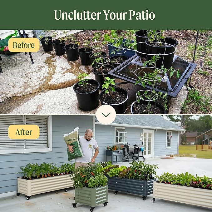 Vego garden Classic Rolling Garden Bed – 1.75' Mobile Metal Raised Garden Bed for Patio, Deck, Balcony – Deep Planting Space, Durable & Easy to Move (Pearl White, 1.75'X4')