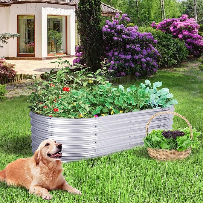 Aoodor Galvanized Raised Garden Bed Kit, 5.3 x 2.6 x 1.4 Ft, Oval Planter Box for Vegetables, Flowers, and Herbs, Outdoor Use, Silver