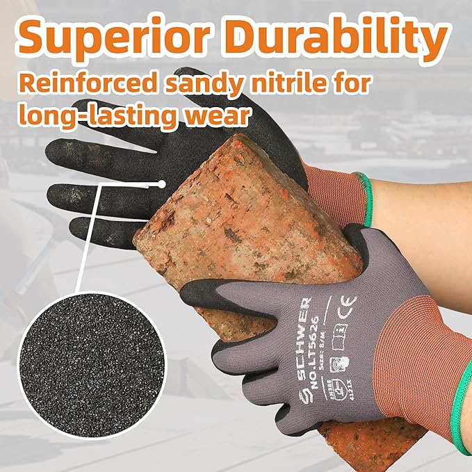 Schwer 3 Pairs Work Gloves with Sandy Nitrile Coating LT5626, Level 6 Abrasion Resistant (Certified) Heavy Duty Gloves with Grip for Men and Women, Ideal for General Use, Mechanic, Construction, S