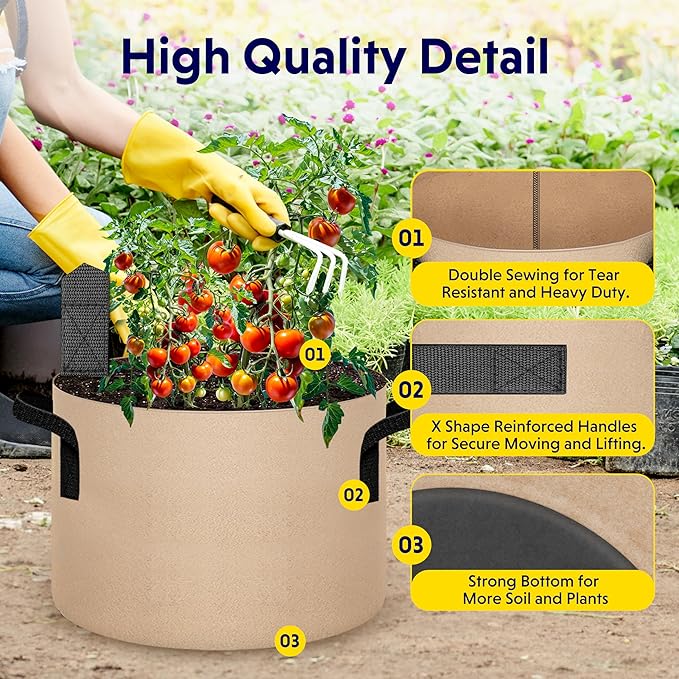 iPower 5 Pack 25 Gallon Tan Grow Bags, Garden Planting Nonwoven Fabric Pots with Reinforced Handle, Heavy Duty and Aeration Planter Pot for Tomato, Fruits, Vegetables and Flowers