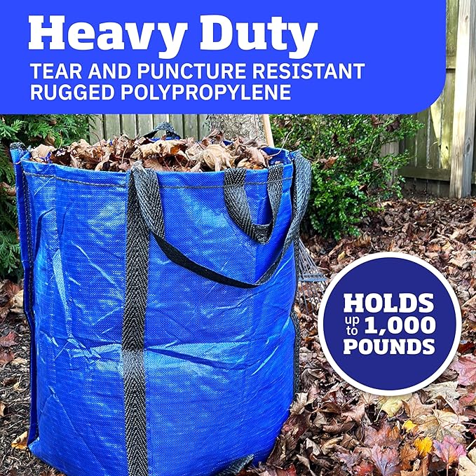 DURASACK Heavy Duty Home and Yard Waste Bag 48-Gallon Woven Polypropylene, Reusable Lawn and Leaf Garden Bag with Reinforced Carry Handles, Pop-Up Self-Standing Garbage Can, Blue (Pack of 2)