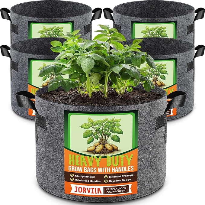 Jorvila 5 Pack 5 Gallon Grow Bags, Thickened Nonwoven Fabric Planter Pots with Handles, Heavy Duty 300G Garden Pots for Tomato, Potato and Vegetable