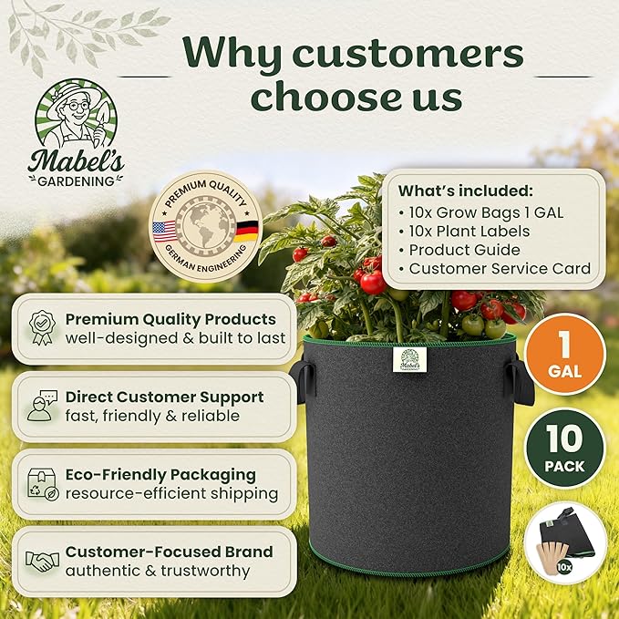 Mabel's Gardening 10-Pack 1 Gallon Grow Bags - Garden Planting Bags 7.1 x 5.9 INCH Made of 8.85 oz/yd² (300g/m²) Felt & Fleece Fabric Plant Pot, Plant Bag, Grow Bag for Basil Oregano Tomato