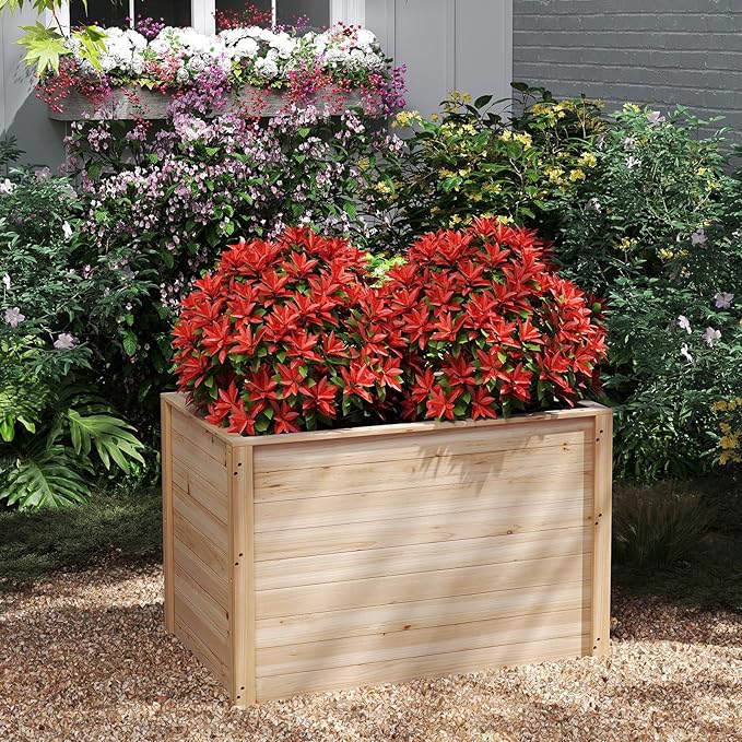 Giantex Wood Raised Garden Bed, 40"x25"x26" Elevated Planter Box w/Open-Ended Base for Deep-Rooted Plant Vegetable Fruit Flower, Outdoor Solid Wood Planter for Patio Backyard (1,40"x25"x26")