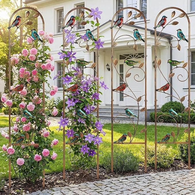 Blulu 4 Pack Metal Garden Trellis for Climbing Plants, 60x11 Inch Detachable Rustproof Arched Fence Flower Vegetable Plant Stand for Outdoor Patio Yard Lawn Decorative(Hummingbird)