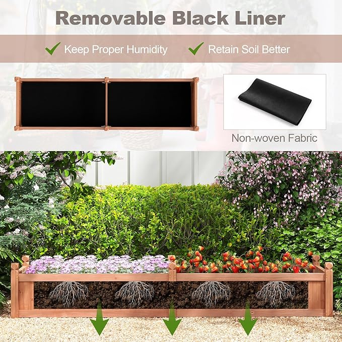 Giantex Wood Raised Garden Bed, Planting Bed with Corner Drainage, Non-Woven Liner for Growing Vegetables, Flowers, Herbs, Fruits, 89”x23.5”x16” Divisible Planter Box for Backyard, Garden, Lawn
