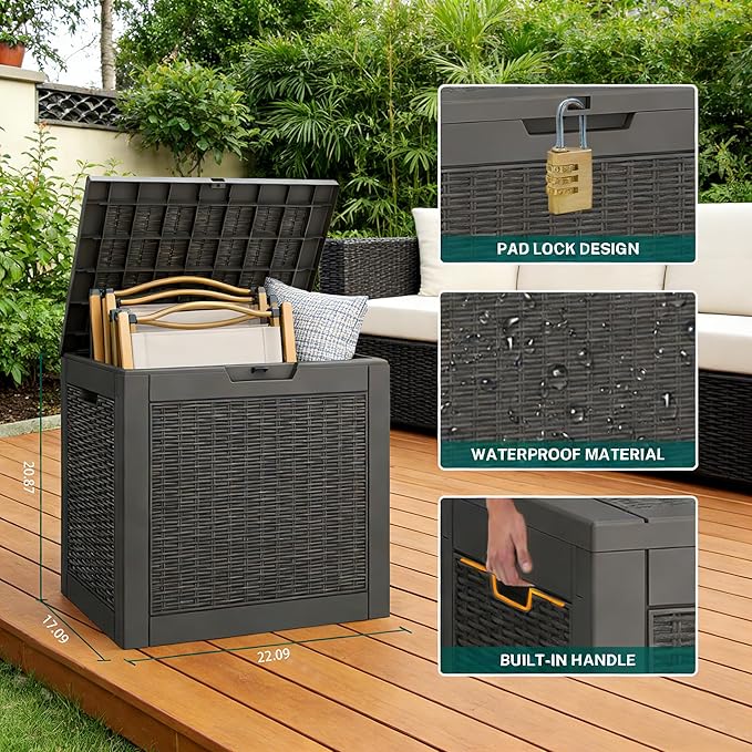 31 Gallon Outdoor Storage Box, Resin Deck Boxes Outdoor Waterproof For Patio Furniture, Garden Tools, Pool Supplies, Lockable And UV Resistant (Rattan Black)