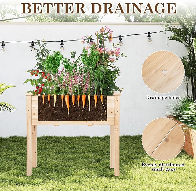 Raised Garden Bed with Legs, 32x16x30 inch Wood Elevated Planter with Protective Liner for Vegetable Flower Herb, Outdoor Planter Box Kit for Balcony Patio Backyard, Natural