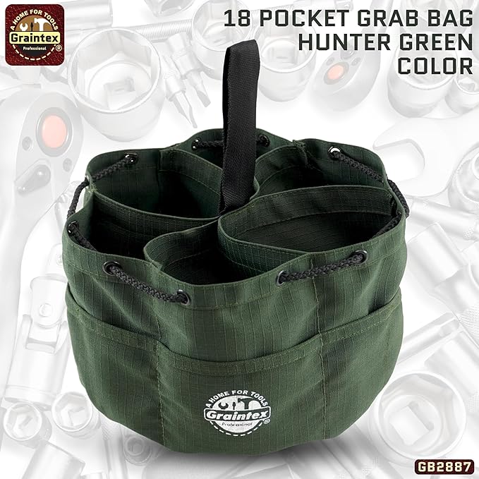 Graintex 18 Pockets Grab Bag Rip-stop Canvas Drawstring Closure, Small Part Organizer Pouch, Small Tools, Screws, Parts, Parachute Tool Bag for Efficient Storage - Hunter Green