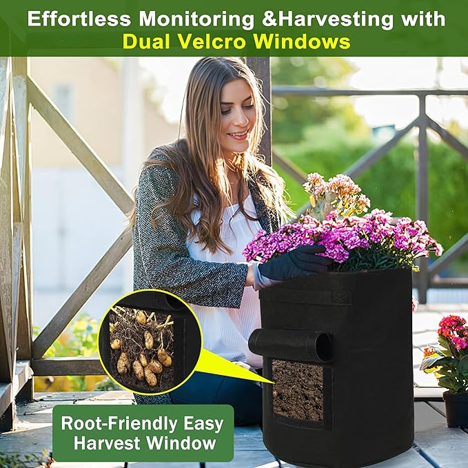 4-Pack 15-Gallon Grow Bags with 2 Flaps and Reinforced Handles,Non-Woven Potato Grow Bags, Heavy-Duty Thickened Aeration Fabric Pots for Potatoes, Tomatoes, Flowers, and Vegetables