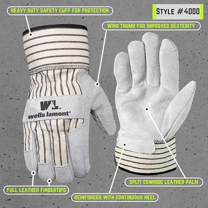 Wells Lamont Men's Heavy Duty Leather Palm Work Gloves with Safety Cuff, X-Large (4000XL)
