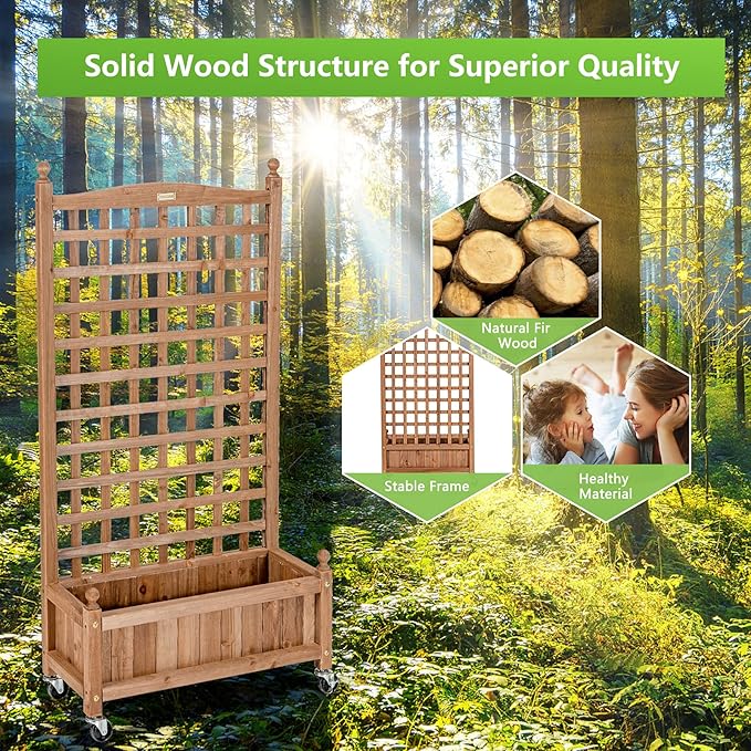 Giantex Set of 2 Mobile Plant Raised Bed, Wood Planter with Lattice Trellis and Wheels, Flower Box for Plant Climbing, Vertical Garden for Balcony Patio Yard, 25"x11"x 50"