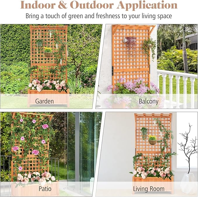 Wooden Planter Box with Trellis, 72.5” Freestanding Garden Planter w/Hanging Roof, 4 Drainage Holes & Lattice Panel, Raised Garden Bed with Trellis for Vine Climbing Plants Flowers (2)
