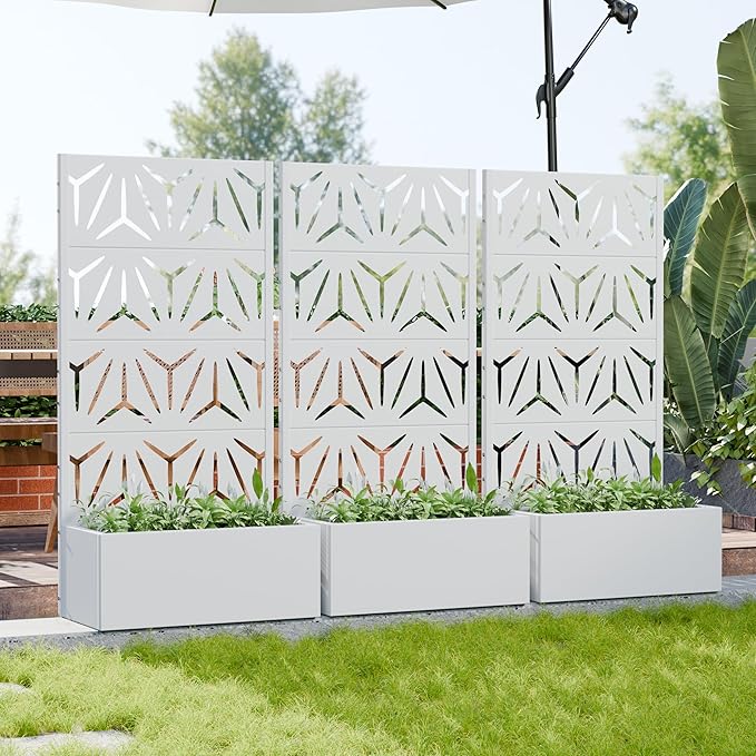 Casaphoria Metal Raised Garden Bed with Trellis, 59"x30"x12" Planter Box for Climbing Plants, Vegetables & Vines, Features Drainage Holes and Privacy Screen, White-Star