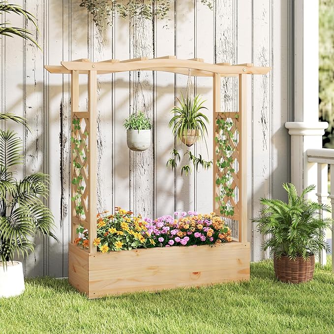 HAPPYGRILL Raised Garden Bed with Trellis, 2 Wood Planter Box w/Hanging Roof, Drainage System, Elevated Garden Box for Climbing Vine, Outdoor Planter w/Trellis for Patio Balcony, 44" x 14" x 45"