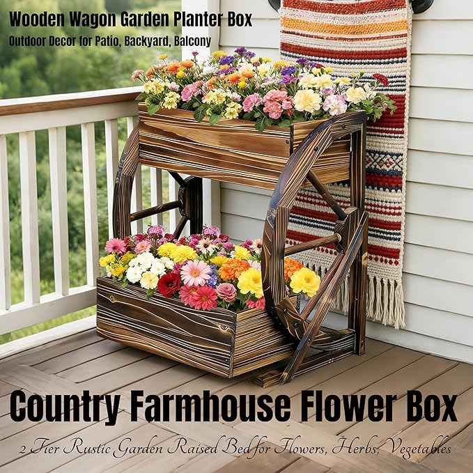 Wooden Wagon Garden Planter Box with Wheels-Indoor/Outdoor Decor for Patio, Backyard, Balcony-Country Farmhouse Flower Box-2 Tier Rustic Garden Raised Bed for Flowers, Herbs, Vegetables