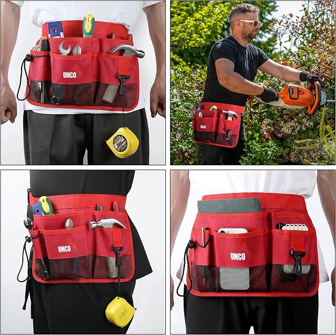 UNCO- Adjustable Gardening Belt, Red, 7 Pockets, Wear, Cut and Water Resistant, Garden Tool Belt Pouch, Waist Apron with Pockets