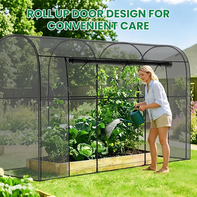 SUNYRISY Garden Plant Netting Crop Cage for Garden Raised Bed, 9.8 x 3.3 x 6 Ft Plant Cover Cage Protectors from Animal for Outdoor Plants with Frame and Zippered Door, Black