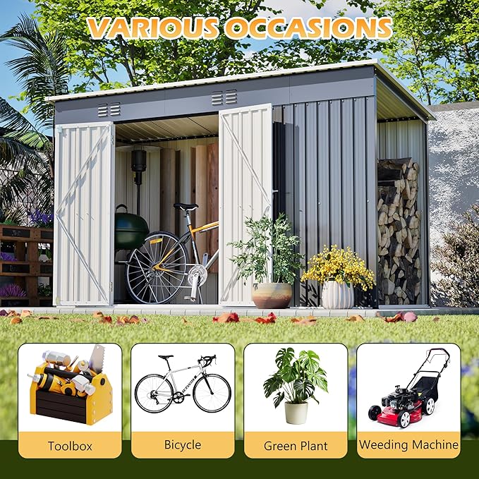 10'x4' Waterproof Storage Shed with 2.3'x3.6' Side Space, Heavy Duty 2-in-1 Garden Tool Shed with Lockable Door & Floor Frame for Backyard, Patio, Lawn, Bicycles, Galvanized Steel, Gray