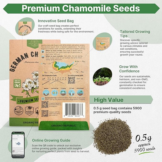 Organo Republic German Chamomile Seeds Pack 0.5 G - Over 5,900 Non-GMO Heirloom Chamomile Seeds for Planting Herbs in Individual Seed Packet, Herbs Seeds for Planting Home Indoor & Outdoor Gardening