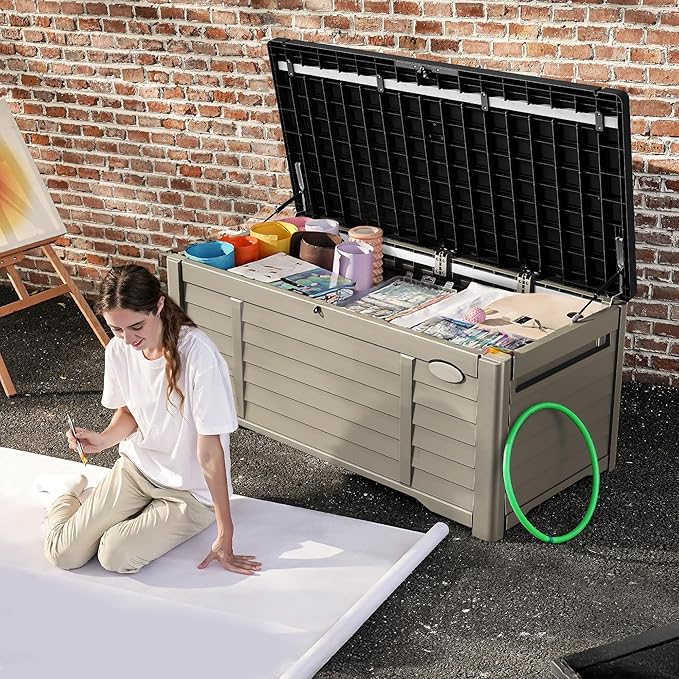 DWVO 150 Gallon Outdoor Storage Box, Large Resin Deck Box with Louver Design, Lockable Patio Storage Bin for Indoor and Outdoor Use, Pillows, Tools, and Pool Supplies -Black & Brown