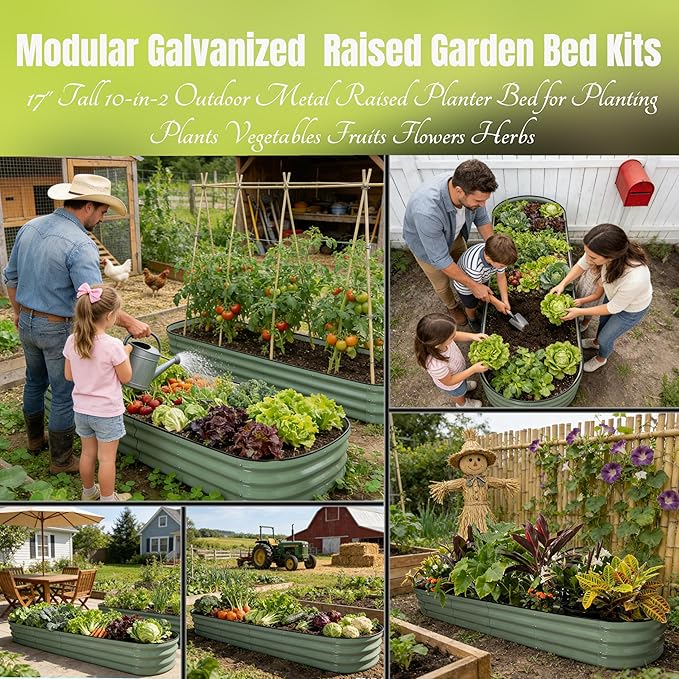 2 Pack 17" Tall 10-in-2 Hevay-Duty Modular Galvanized Raised Garden Bed Kits-8ftX2ft Raised Flower Beds,Metal Raised Beds for Planting Plants Vegetables Fruits Flowers Herbs-Ground Planter Box