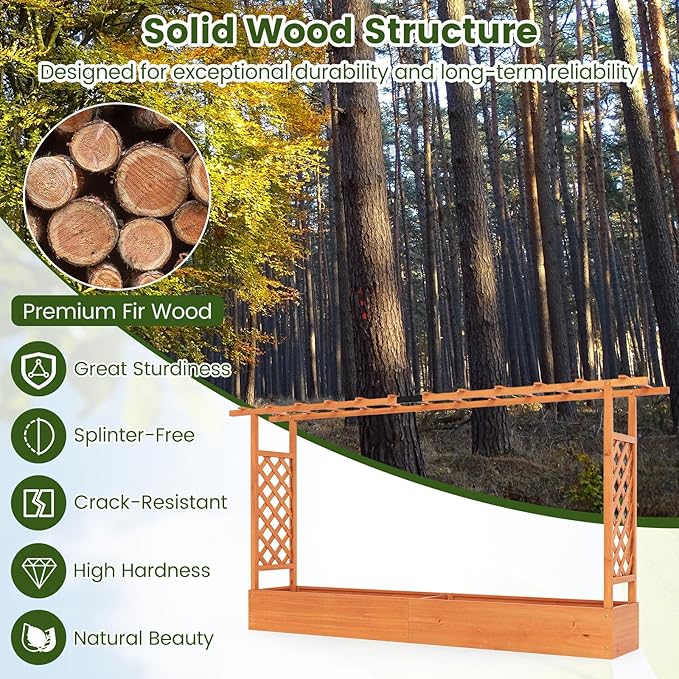 S AFSTAR Raised Garden Bed with Trellis, 2-in-1 Fir Wood Planter Box with Flat Roof & Drainage Holes, Vertical Planter Raised Bed for Climbing Plants, Flowers & Vegetables, 87" x 14" x 45" (Orange)
