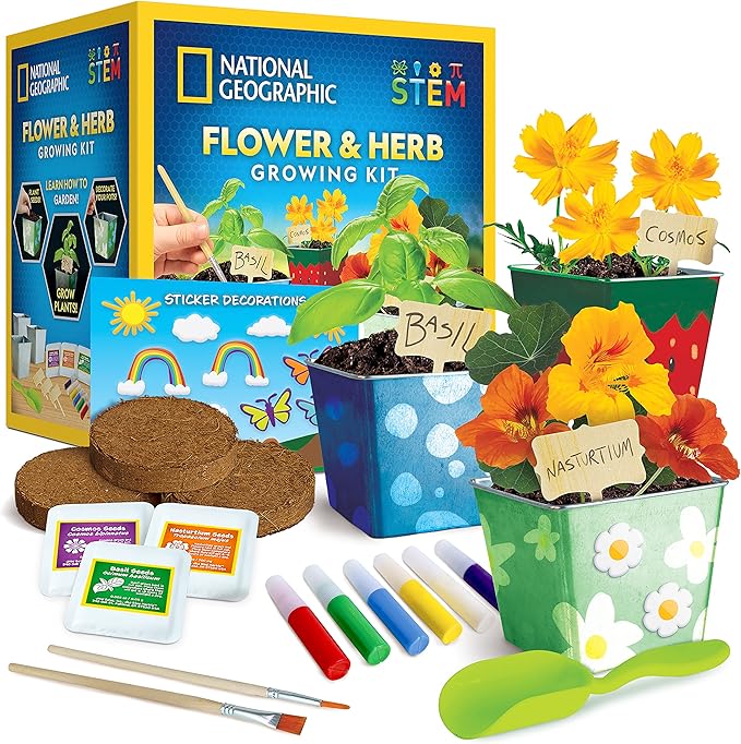 National Geographic Flower & Herb Gardening Kit for Kids - Kids Gardening Set with 3 Stainless Steel Pots, Paint & Stickers, Outdoor Toys, Craft Kits, Plant Growing Kit, Easter Basket Stuffers