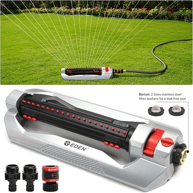Eden 96216 Heavy Duty Turbo Oscillating Sprinkler, Covers Up to 4,900 sq. ft., 20 Precision Nozzles, Aluminum Base, Flow and Width Control, Adjustable Range, Quick Connects, Filters