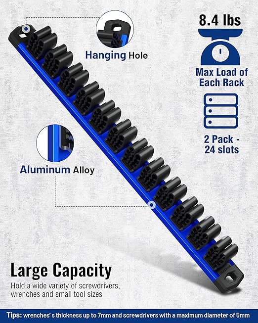 WORKPRO 2-Pack Magnetic Screwdriver Organizer and Wrench Organizer Set, Aluminum Rail Magnetic Tool Organizers, Tool Holder, Tool Box Organizers, 24-Slot Screwdriver & Wrench Holder (Tools Excluded)