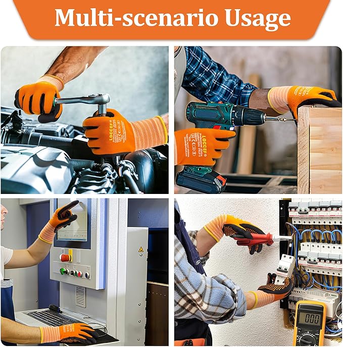 LOCCEF Work Gloves MicroFoam Nitrile Coated-6 Pairs,Endurance Seamless Knit Nylon,Dots on palm,Tacky Dot Grip Gloves,Orange