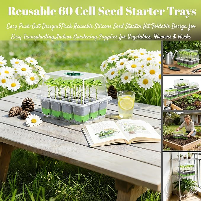 Reusable 60Cell Seed Starter Trays With Humidity Dome & Lids - 60 Cells, Flexible Pop-Out Design, BPA-Free Silicone Seedling Kit for Indoor Gardening, Greenhouse Planting, Dishwasher Safe