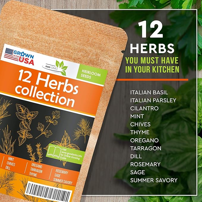 12 Culinary Herb Seeds Pack - Heirloom and Non GMO, Grown in USA - Indoor or Outdoor Garden - Basil, Parsley, Dill, Cilantro, Rosemary, Mint, Thyme, Oregano, Tarragon, Chives, Sage & More
