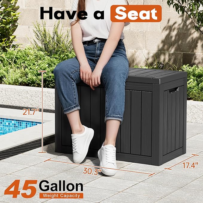 Oudoor Storage Deck Boxes Waterproof, Waterproof and UV Resistant Outdoor Storage Box Lockable Lid for Delivery Box, Indoor, Garden Tools, Pool Supplies, Patio (Black, 45 Gallon)