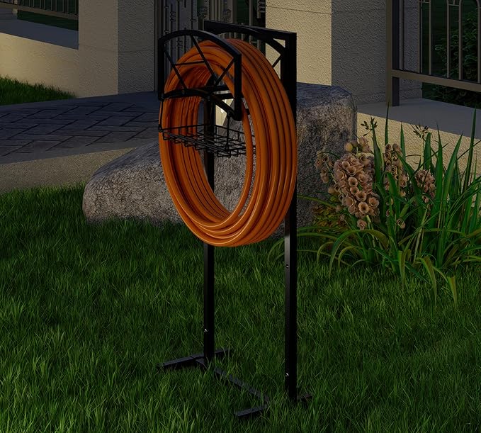 Fire Beauty Heavy-Duty Portable Garden Hose Holder with Storage Basket,80+ lbs Capacity, Modern Geometric Design, Holds 180ft 1/2" Hose,Dual Support Rods & Rustproof Screws