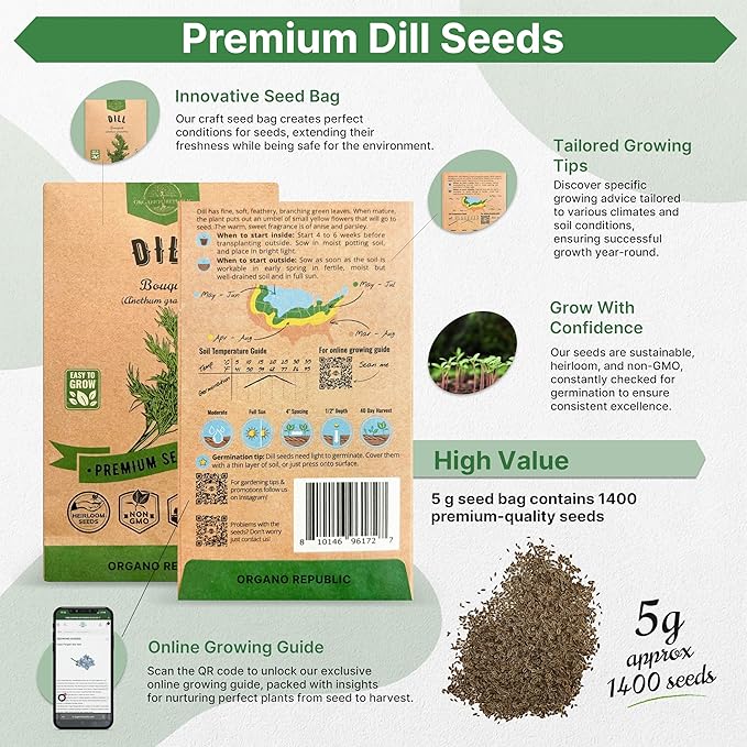 Organo Republic Dill Bouquet Seeds Pack 5 G - Over 1,400 Non-GMO Heirloom Dill Seeds for Planting Herbs in Individual Seed Packet, Herbs Seeds for Planting Home Garden Indoor & Outdoor Gardening