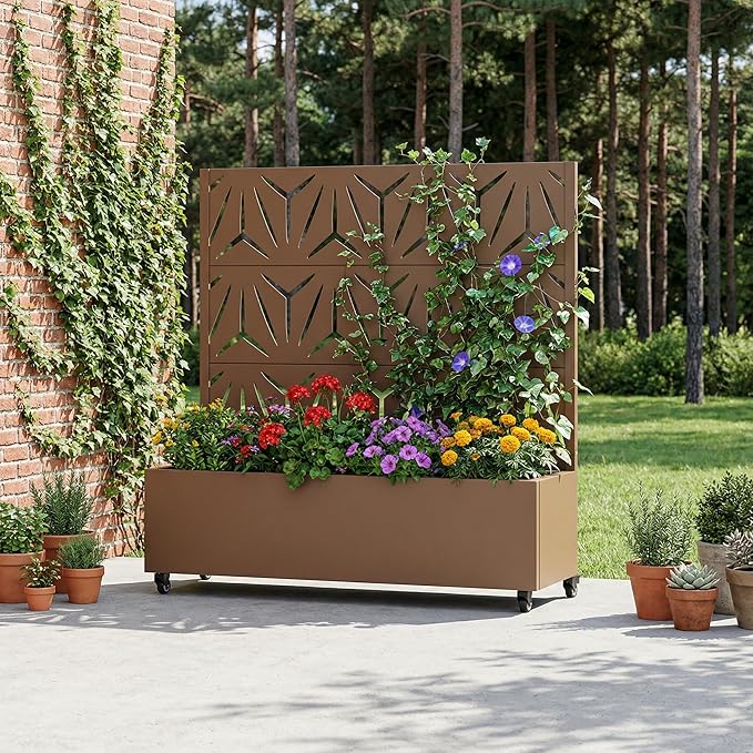 Casaphoria Metal Raised Garden Bed with Trellis and Wheels, 47"x47"x16" Planter Box for Climbing Plants, Vegetables & Vines, Features Drainage Holes and Privacy Screen, Brown-Star