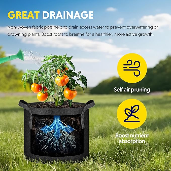 iPower Plant Grow Bag 10 Gallon 6-Pack Heavy Duty Fabric Pots, 300g Thick Nonwoven Fabric Containers Aeration with Nylon Handles, for Planting Vegetables, Fruits, Flowers, Black