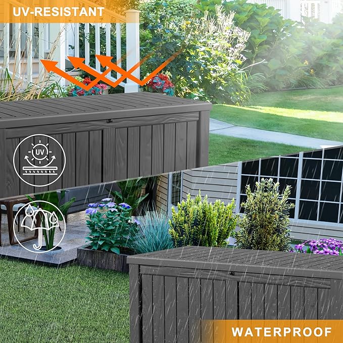 150 Gallon Deck Box,Resin Outdoor Storage Box with Lockable for Patio Furniture, Pool Accessories, Garden Tools Waterproof Outside Storage Box (Black)